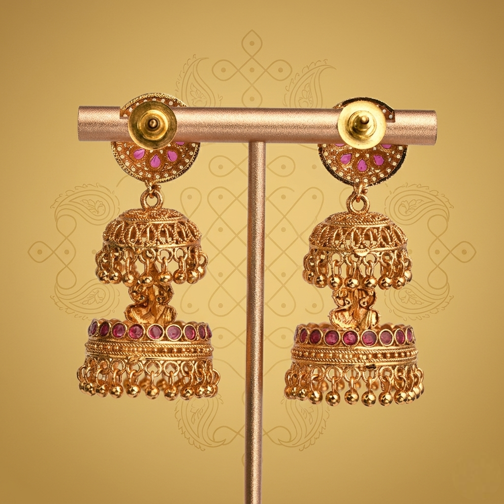 Antique Finish Lakshmi Jumka-Ruby close-up view - Avalna