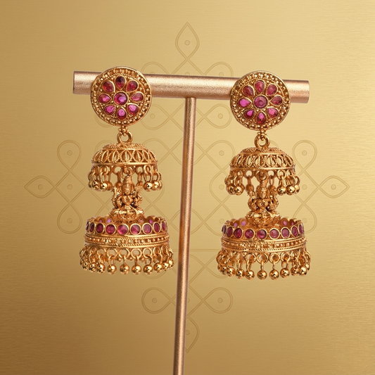 Antique Finish Lakshmi Jumka-Ruby - Avalna South Indian Earrings Online