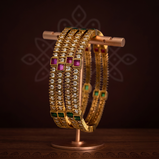 Antique Finish Multi Colored Stone Bangle (Set of 4) - Avalna South Indian Bangles Online