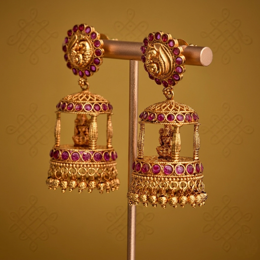 Antique Finish Pavilion Inspired Jumka-Ruby - Avalna South Indian Earrings Online