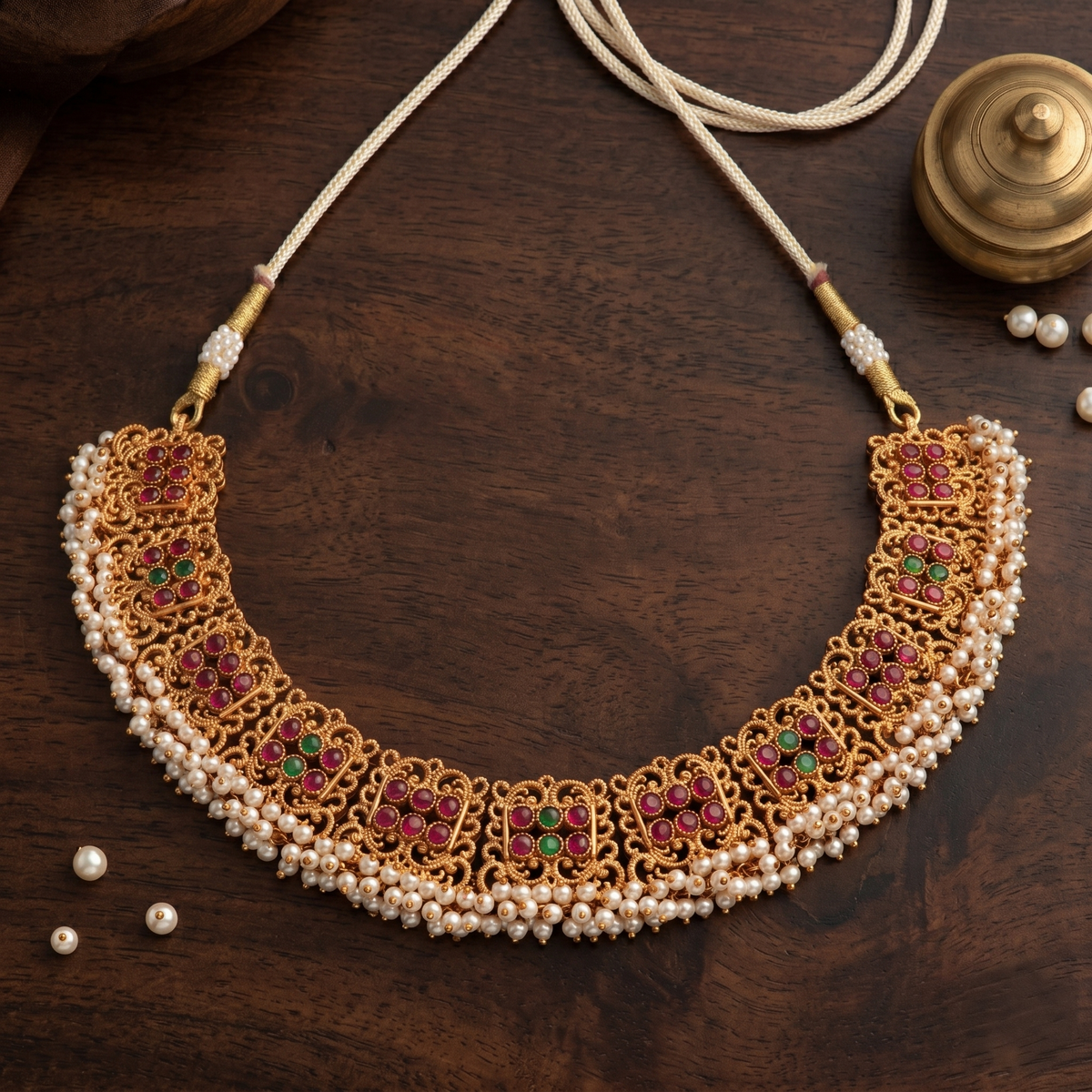 Matte Finish Necklace Set — Red, Green & Pearl-Look Clusters detail view — Avalna, Arcot Tamil Nadu