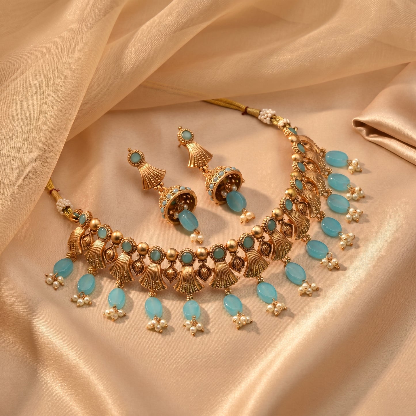 Matte Gold Finish Choker with Beads Drop