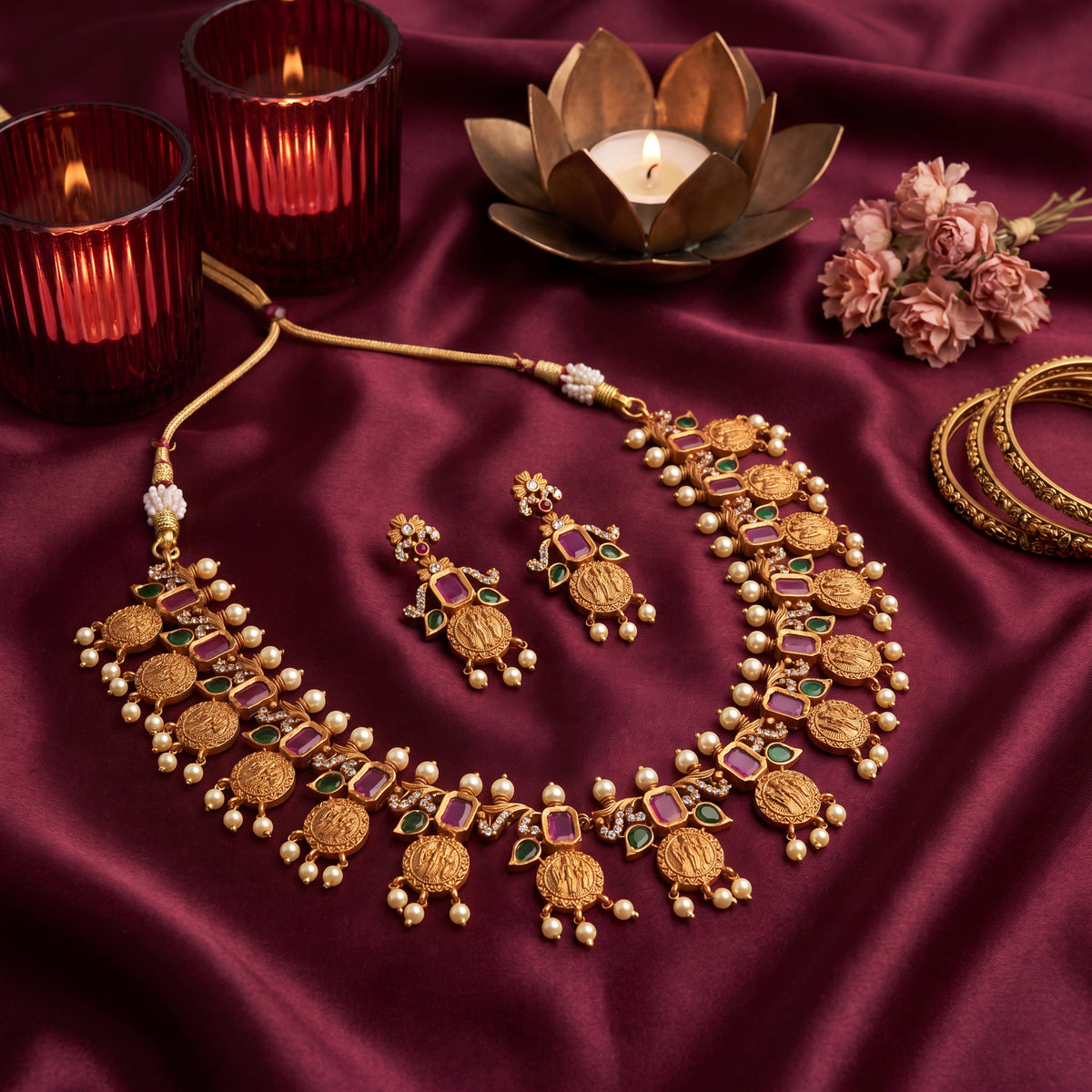 Ram Seetha Matte Gold Temple Necklace — Ruby-Red Stone alternate angle — Avalna, Arcot Tamil Nadu