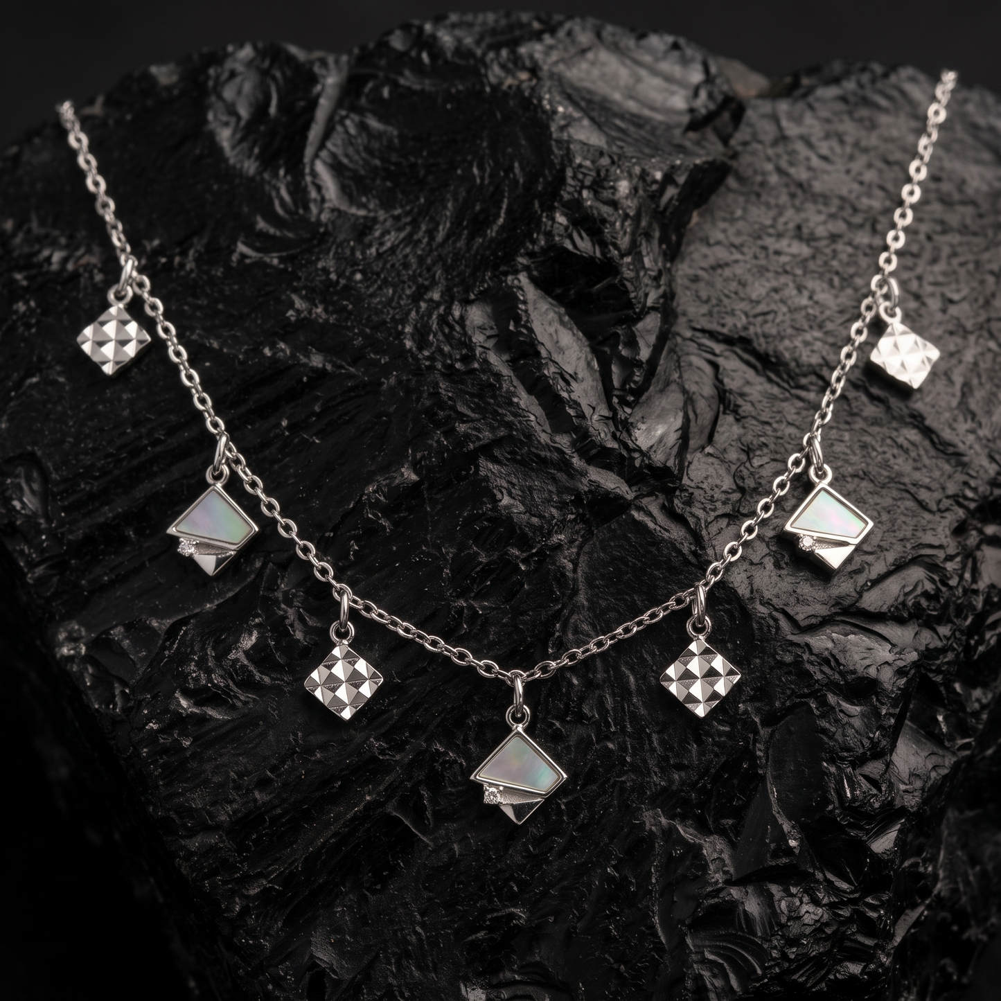 Rhodium Plated Geometric Charm Necklace