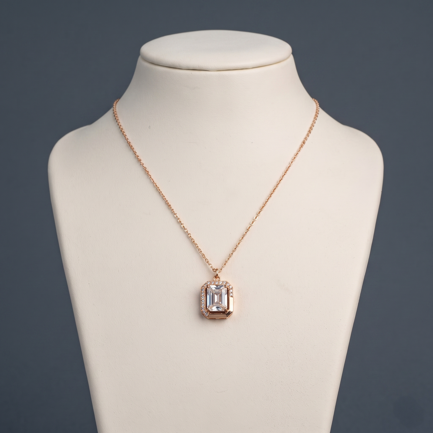 Anti-Tarnish Emerald Cut Clear Stone Pendant Necklace
