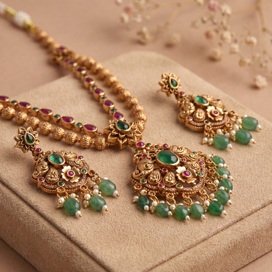 Antique Double Layer Mango Motif Necklace Set - Avalna South Indian Necklace Online