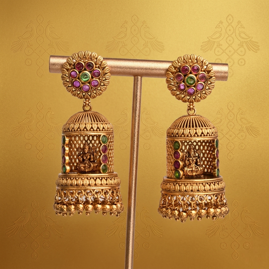Antique Finish Lakshmi Mandapam Jumka Earrings - Avalna South Indian Earrings Online