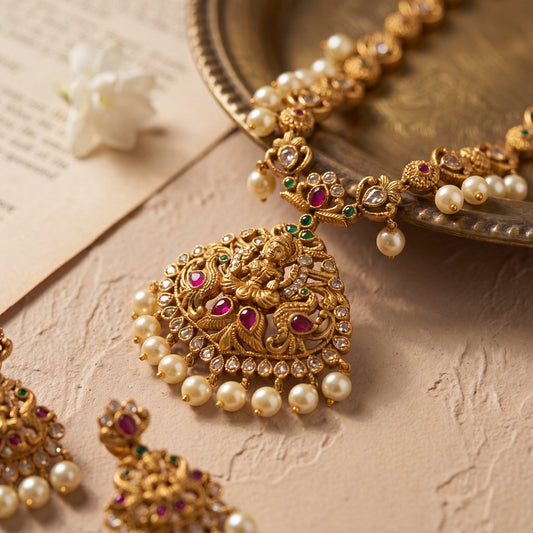Antique Finish Lakshmi & Paired Peacock Haram Set - Avalna South Indian Necklace Online
