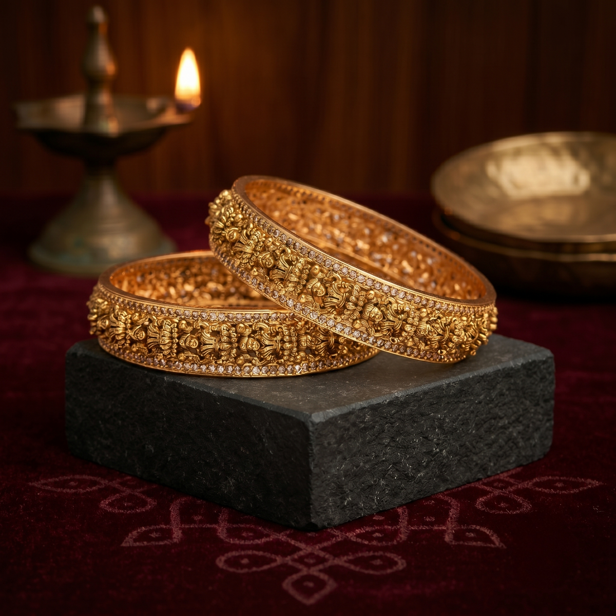 Gold Plated Lakshmi Temple Bangle with White AD Stone close-up — Avalna, Arcot Tamil Nadu