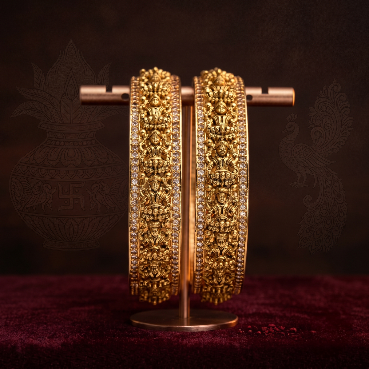 Gold Plated Lakshmi Temple Bangle with White AD Stone alternate angle — Avalna, Arcot Tamil Nadu