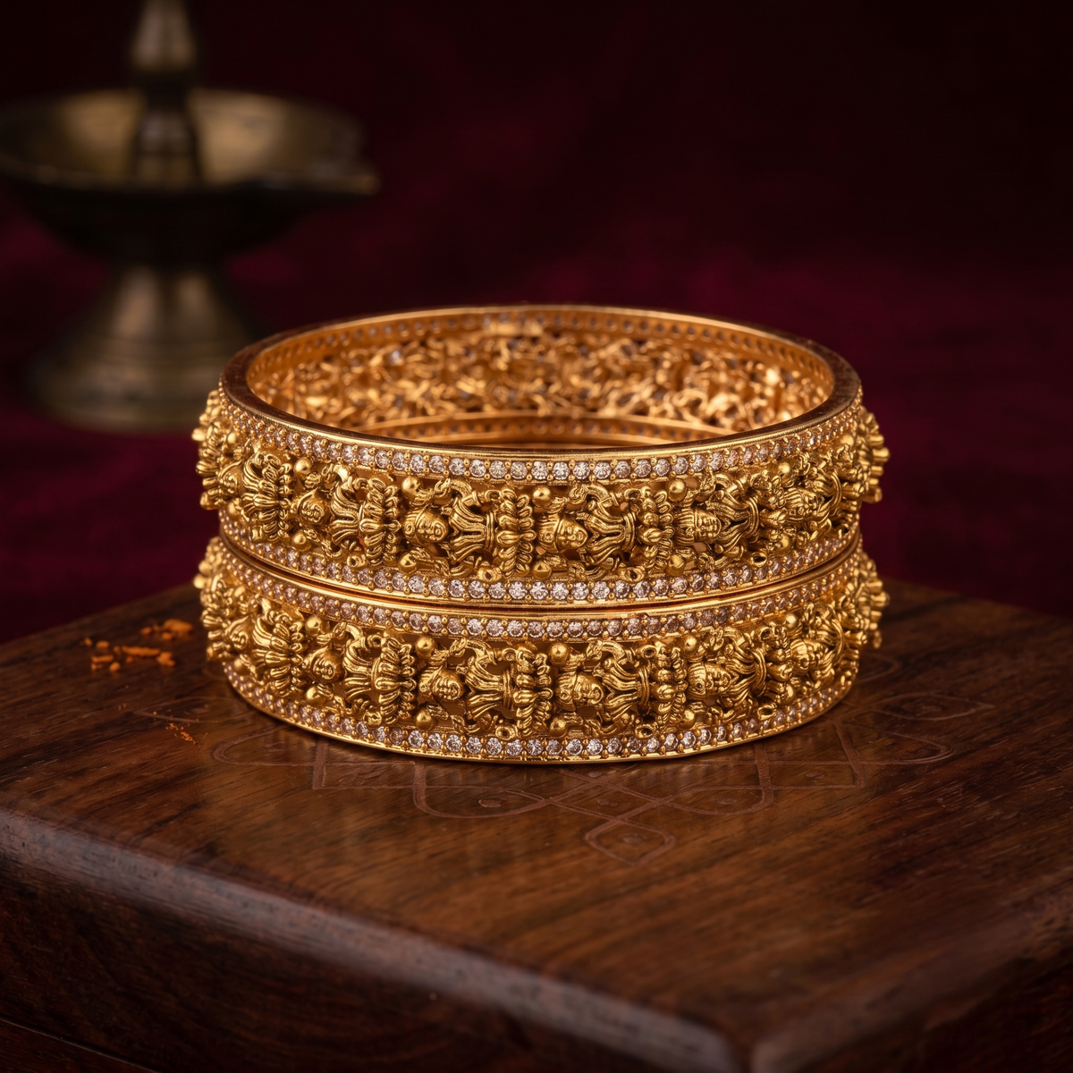 Gold Plated Lakshmi Temple Bangle with White AD Stone detail view — Avalna, Arcot Tamil Nadu