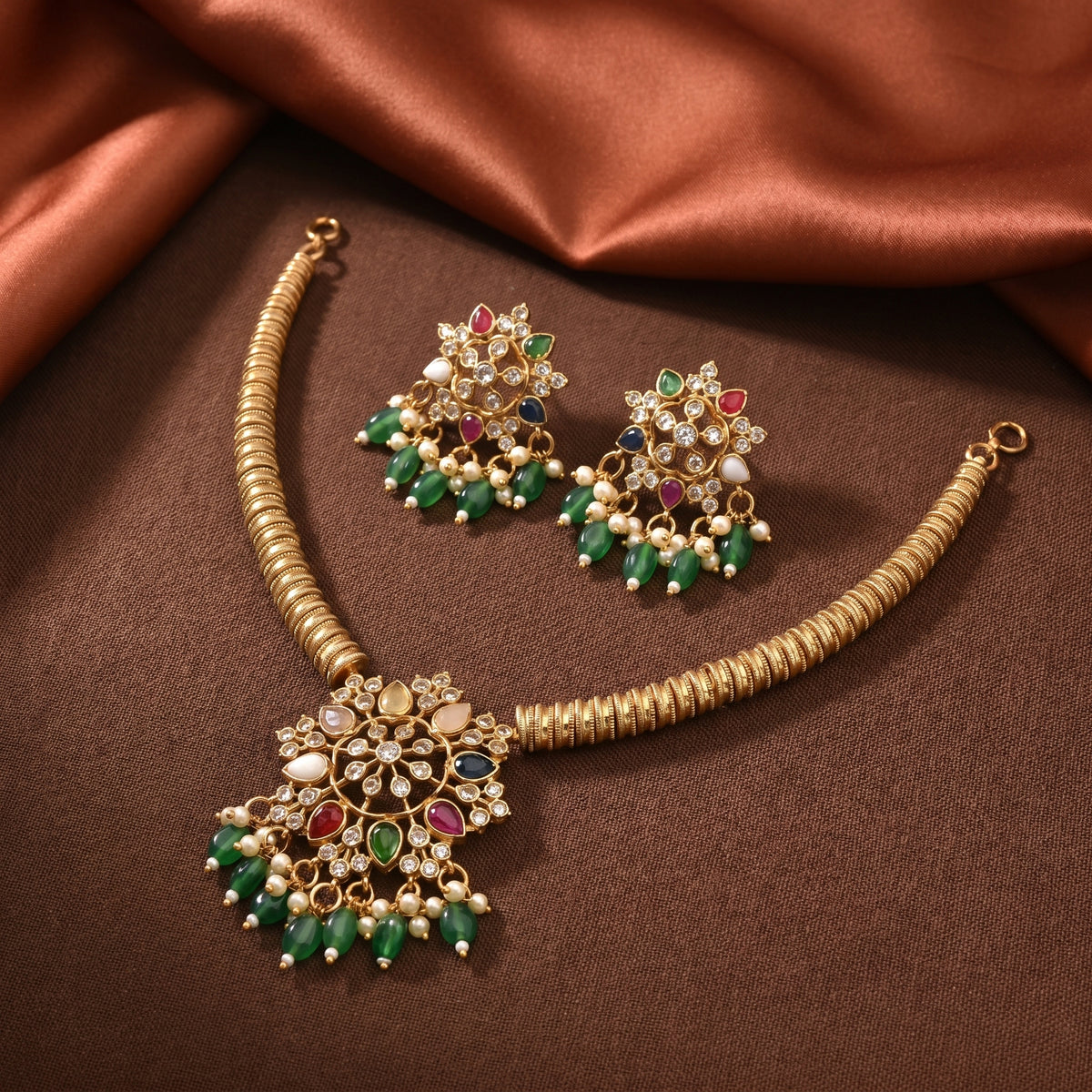Gold Plated Navaratna-Style Hasli Necklace with Green Beaded Danglers alternate angle — Avalna, Arcot Tamil Nadu