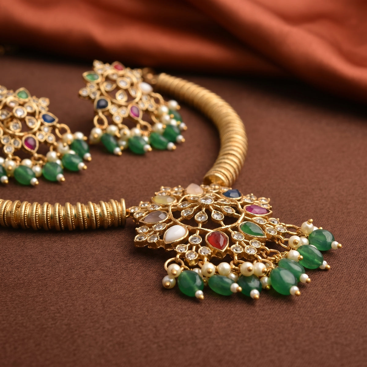 Gold Plated Navaratna-Style Hasli Necklace with Green Beaded Danglers — Avalna, Arcot Tamil Nadu