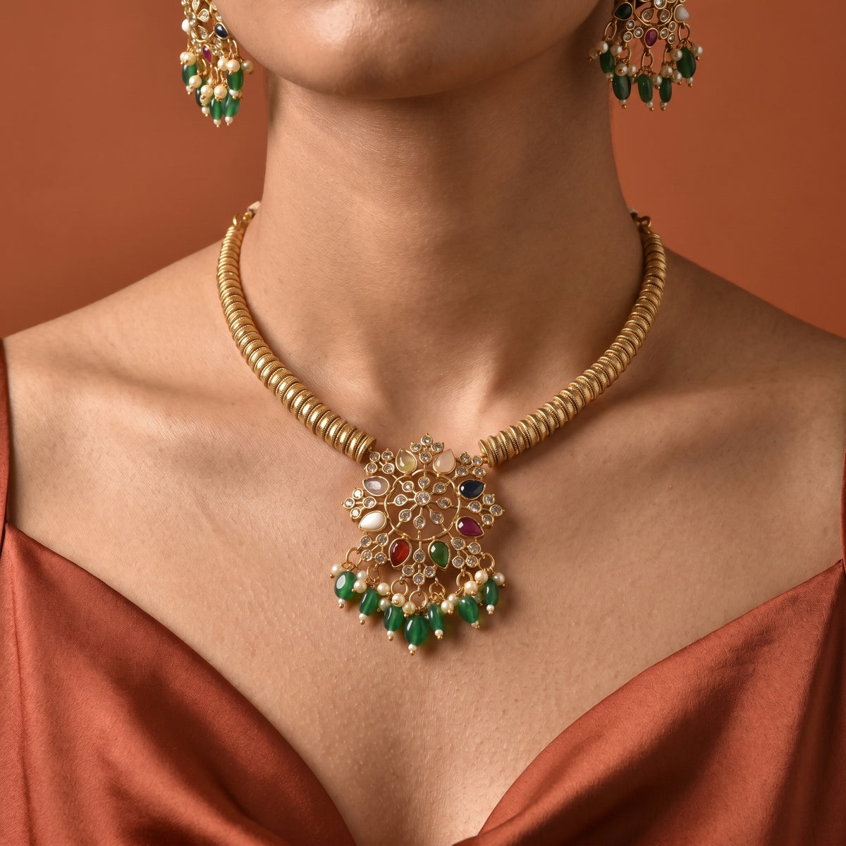 Gold Plated Navaratna-Style Hasli Necklace with Green Beaded Danglers close-up — Avalna, Arcot Tamil Nadu