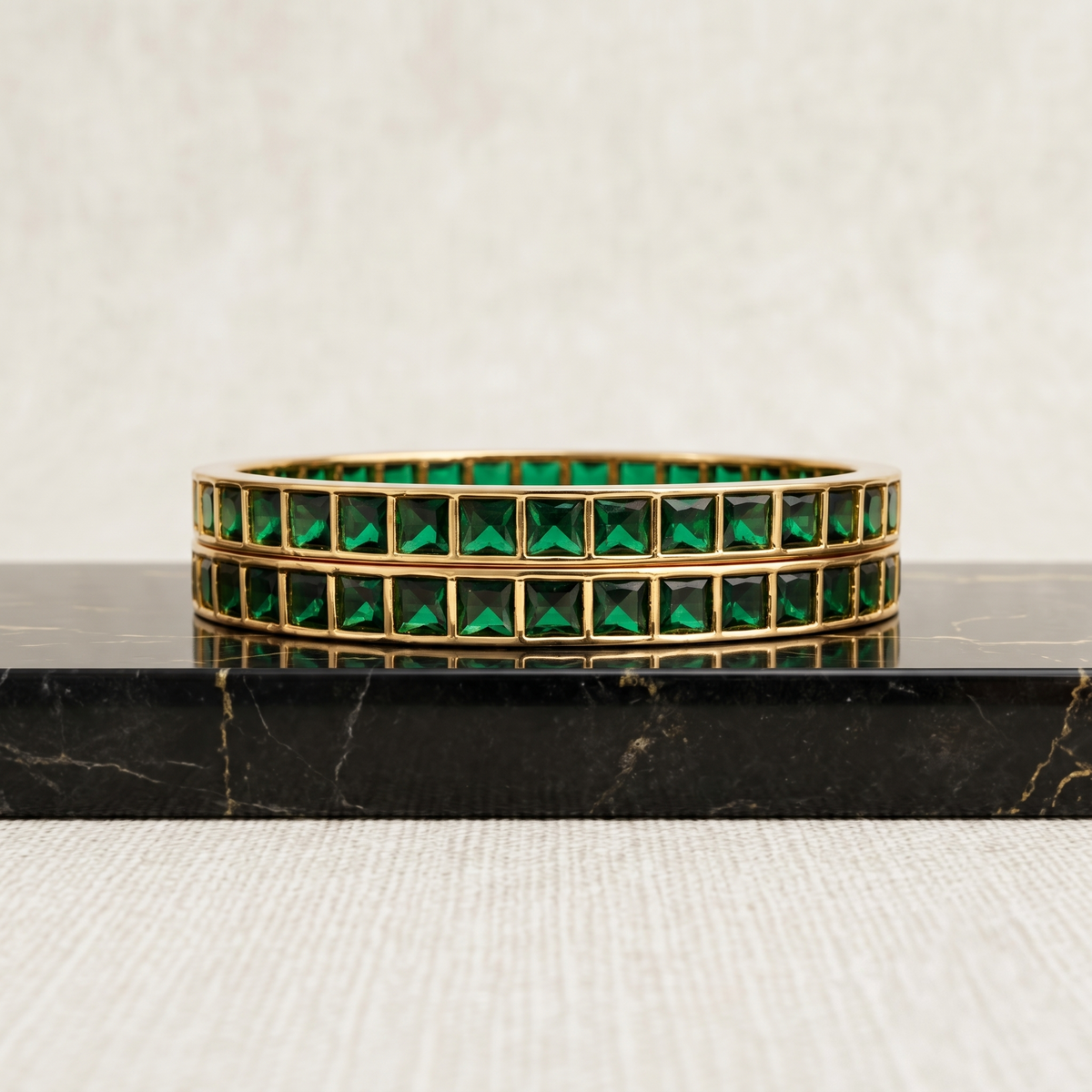 Gold Plated Square Cut Stone Bangle — Green & White alternate angle — Avalna, Arcot Tamil Nadu