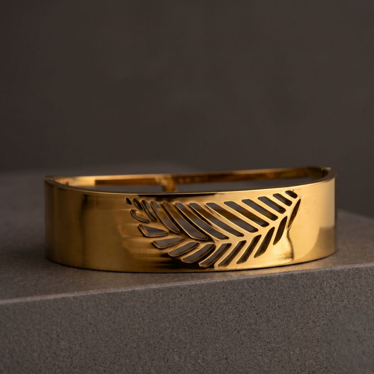 Golden Leaf CutOut Statement Bracelet alternate angle — Avalna, Arcot Tamil Nadu