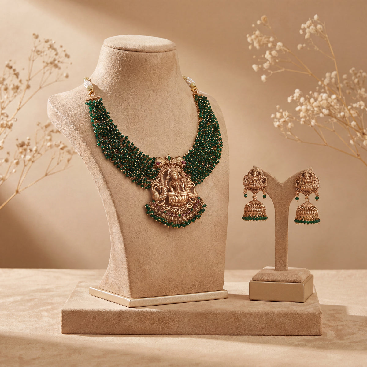Lakshmi Necklace with Crystal Look Green Bead alternate angle — Avalna, Arcot Tamil Nadu
