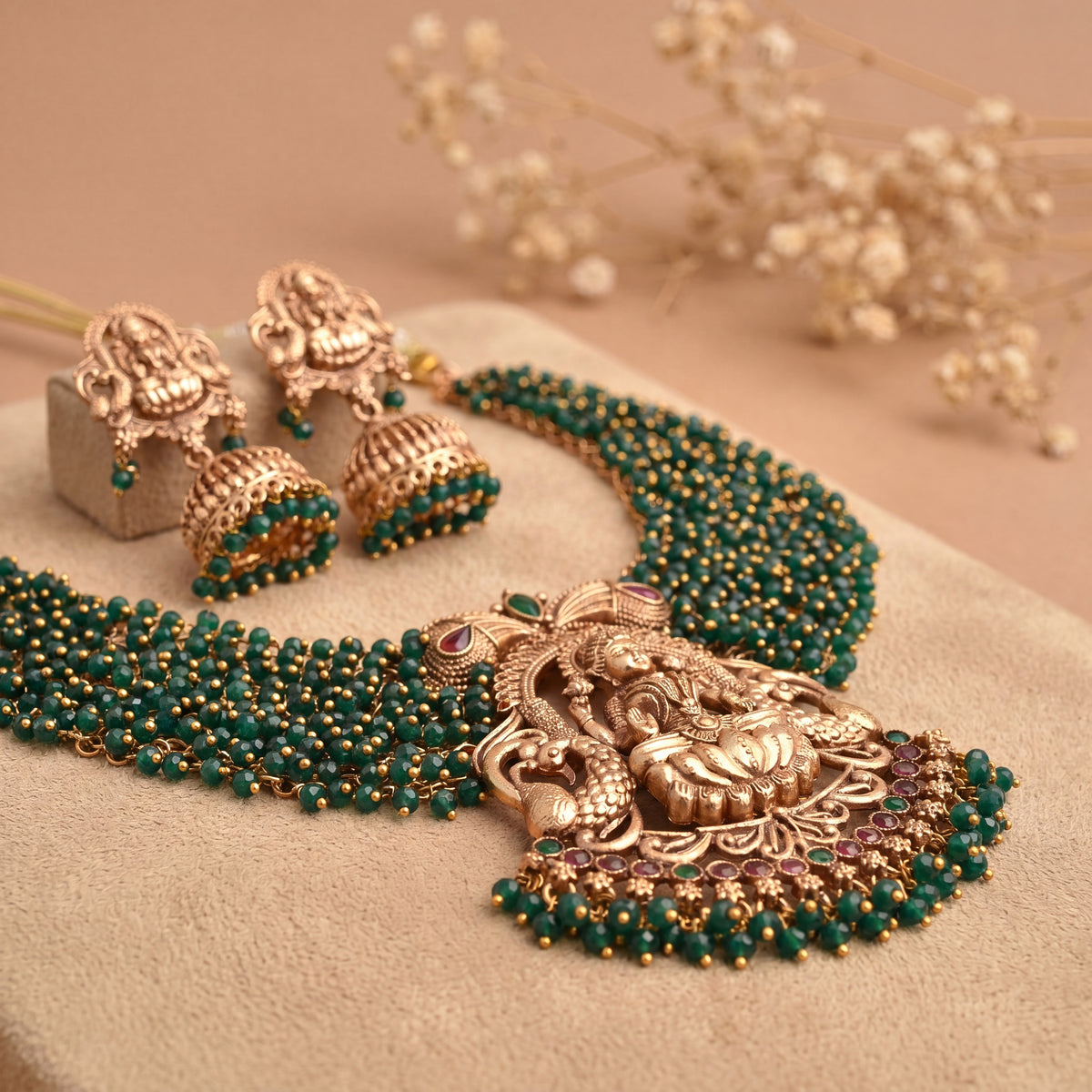 Lakshmi Necklace with Crystal Look Green Bead — Avalna, Arcot Tamil Nadu