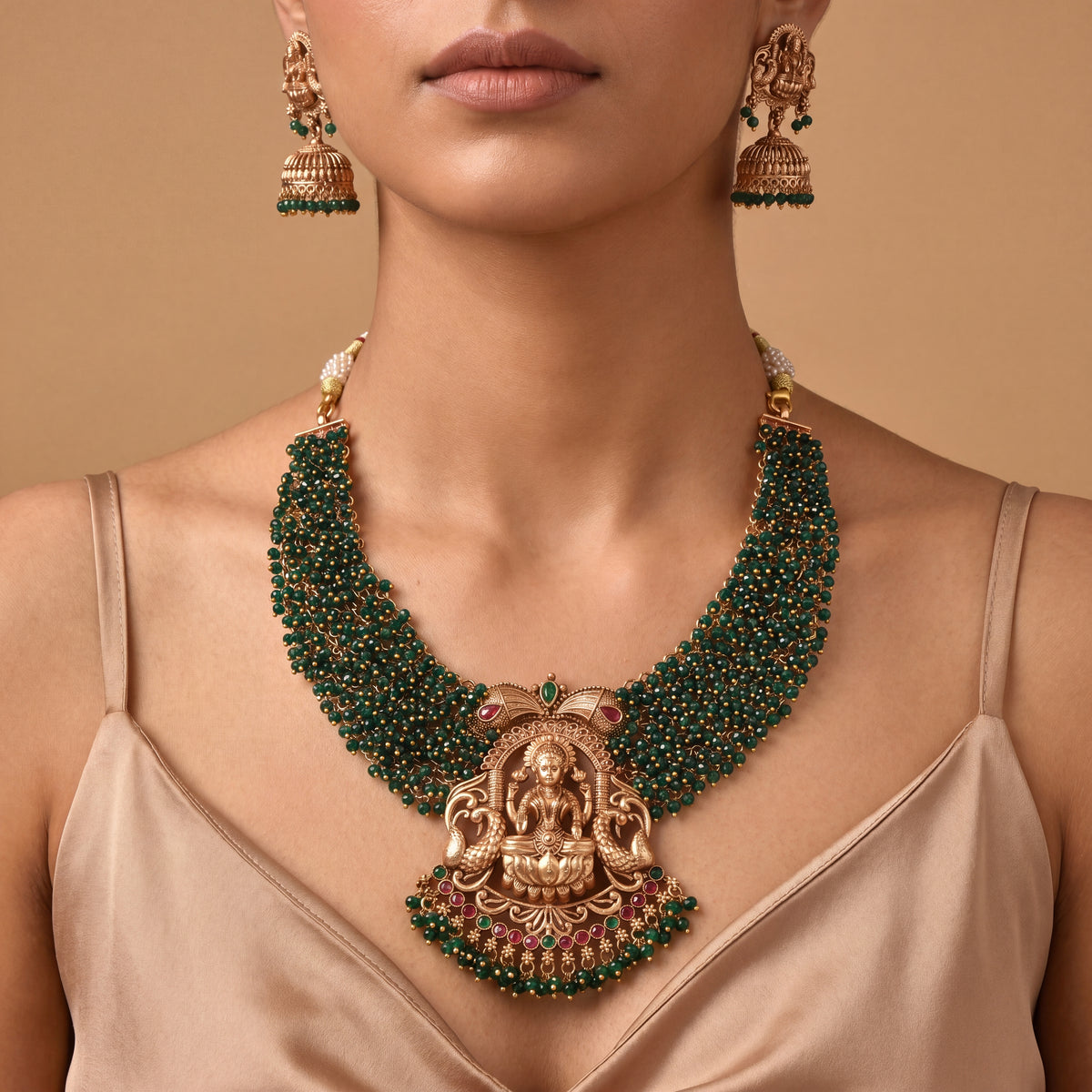 Lakshmi Necklace with Crystal Look Green Bead close-up — Avalna, Arcot Tamil Nadu