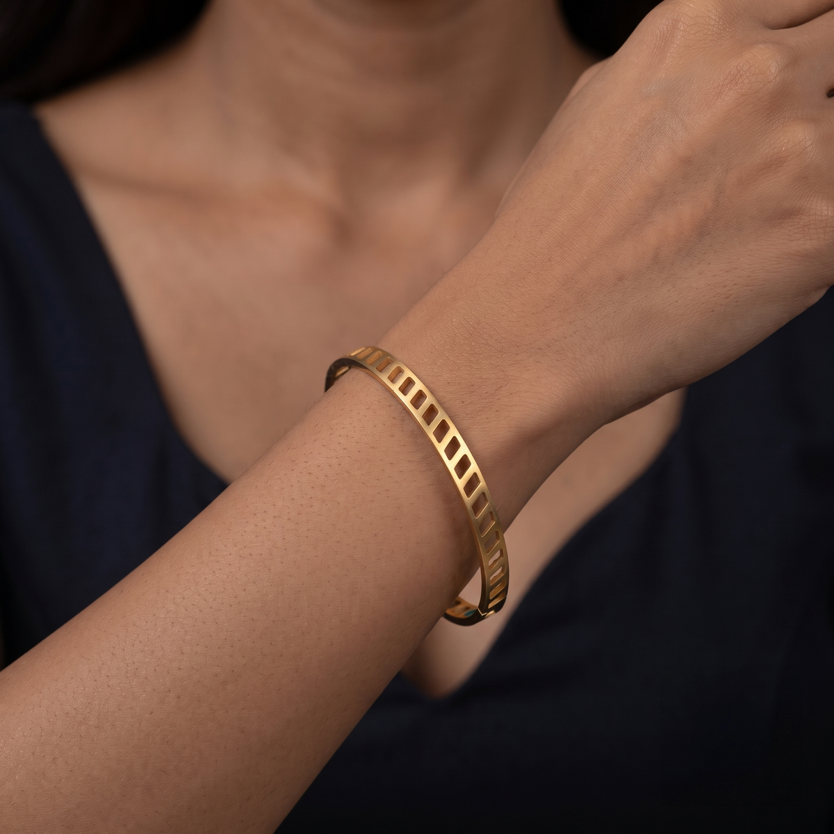 Laser Cut Geometric Cuff -Gold Rose Gold alternate angle — Avalna, Arcot Tamil Nadu