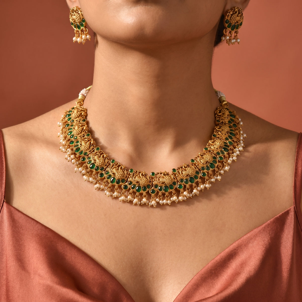 Majestic Peacock Matte Necklace close-up — Avalna, Arcot Tamil Nadu