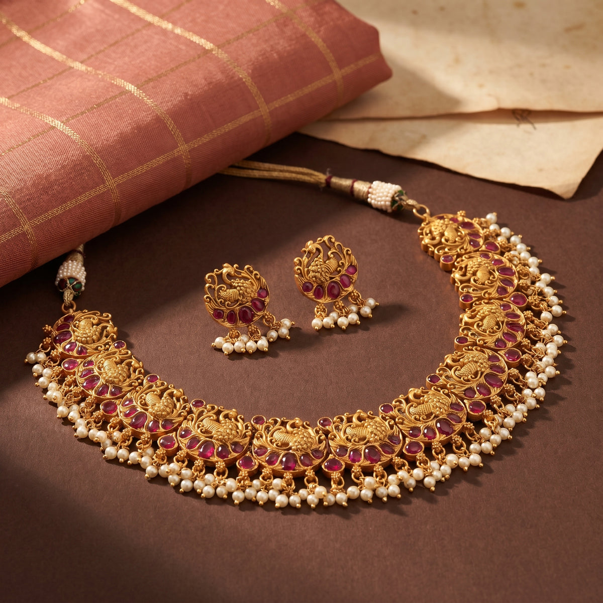 Majestic Peacock Matte Necklace detail view — Avalna, Arcot Tamil Nadu