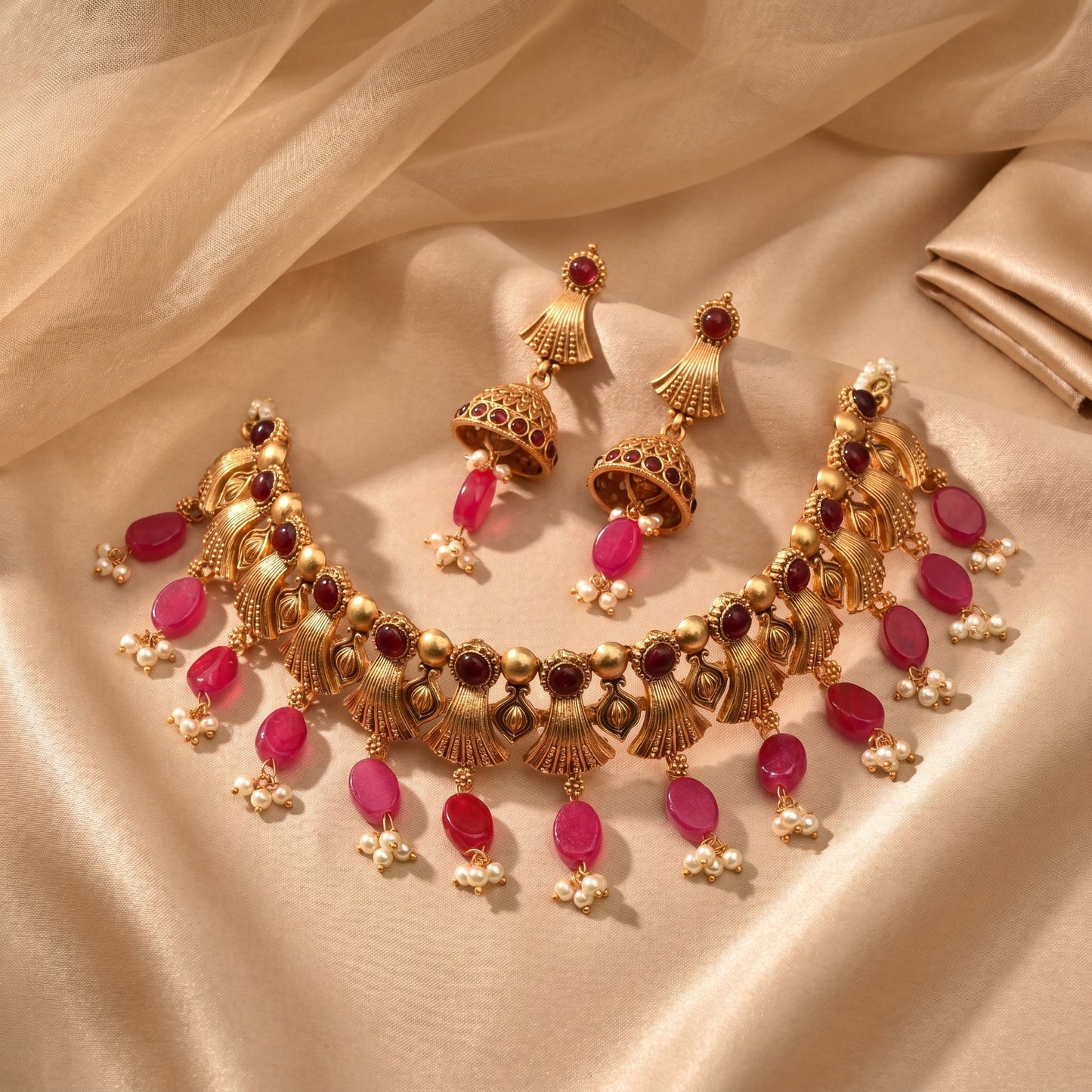 Matte Gold Finish Choker with Beads Drop