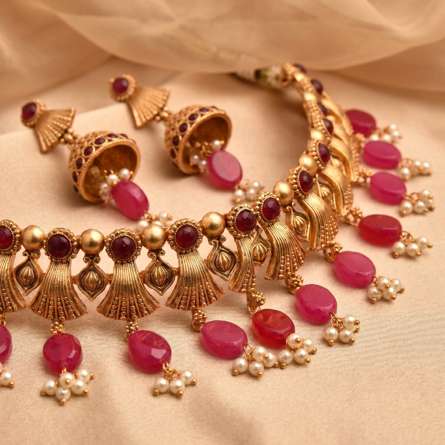 Matte Gold Finish Choker with Beads Drop