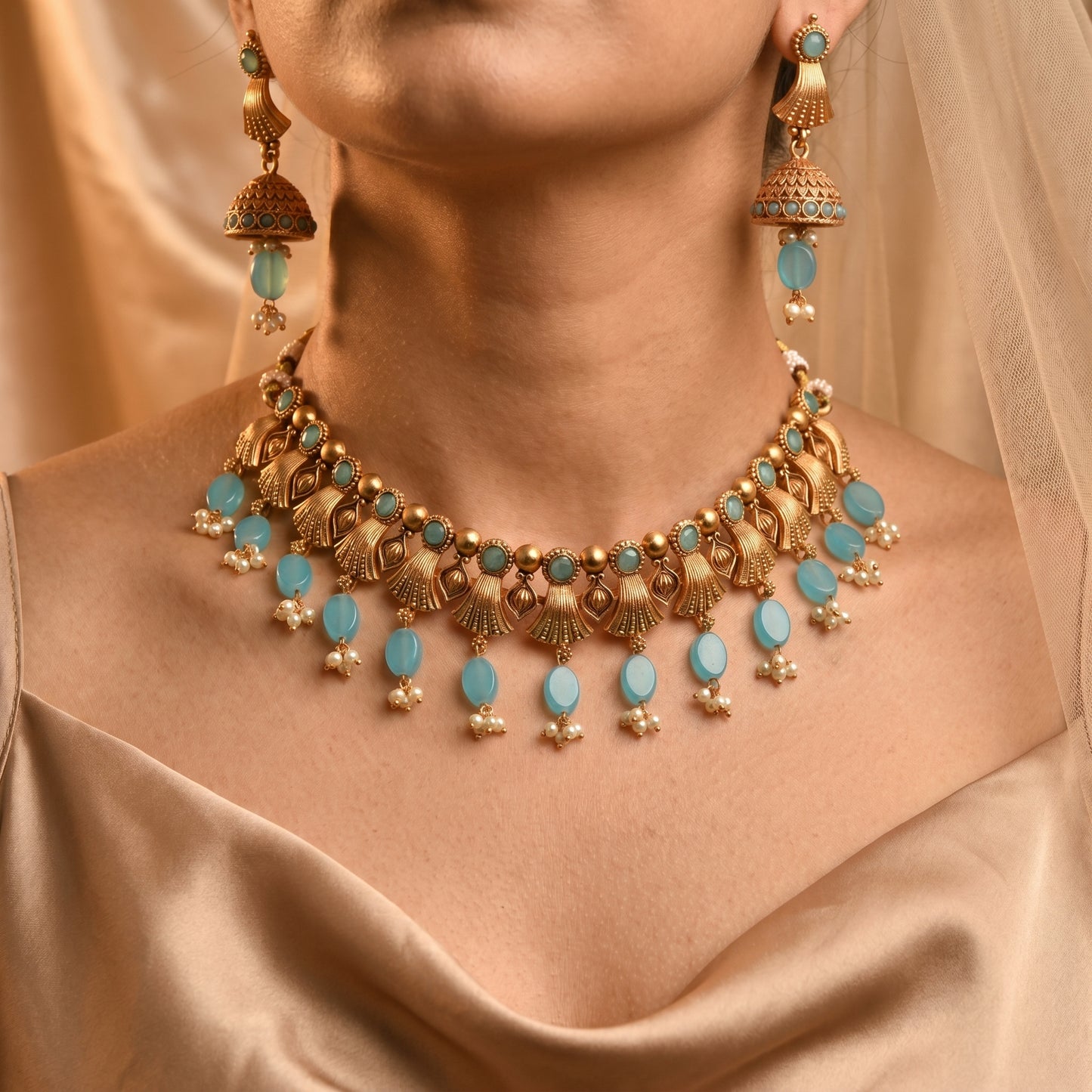 Matte Gold Finish Choker with Beads Drop