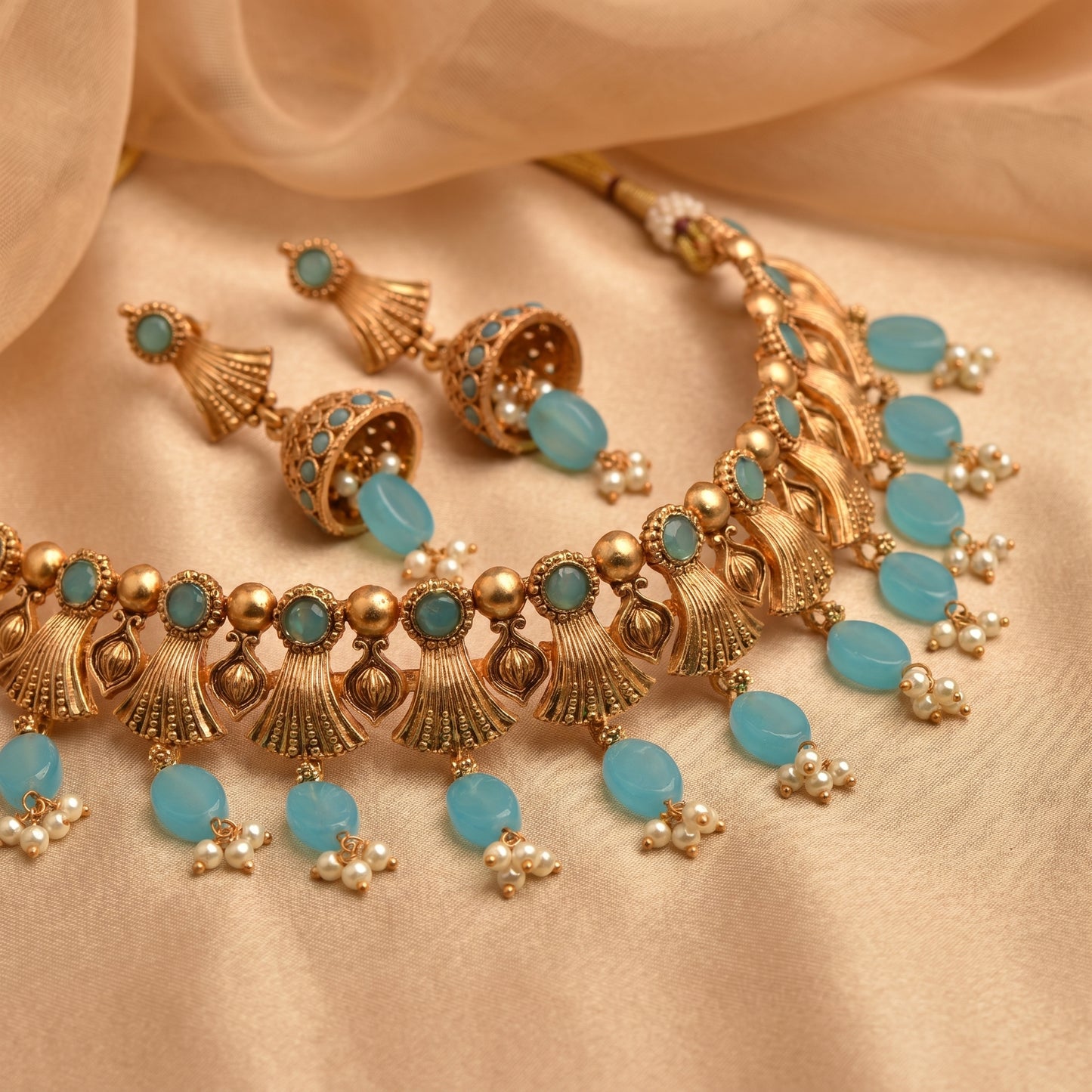 Matte Gold Finish Choker with Beads Drop