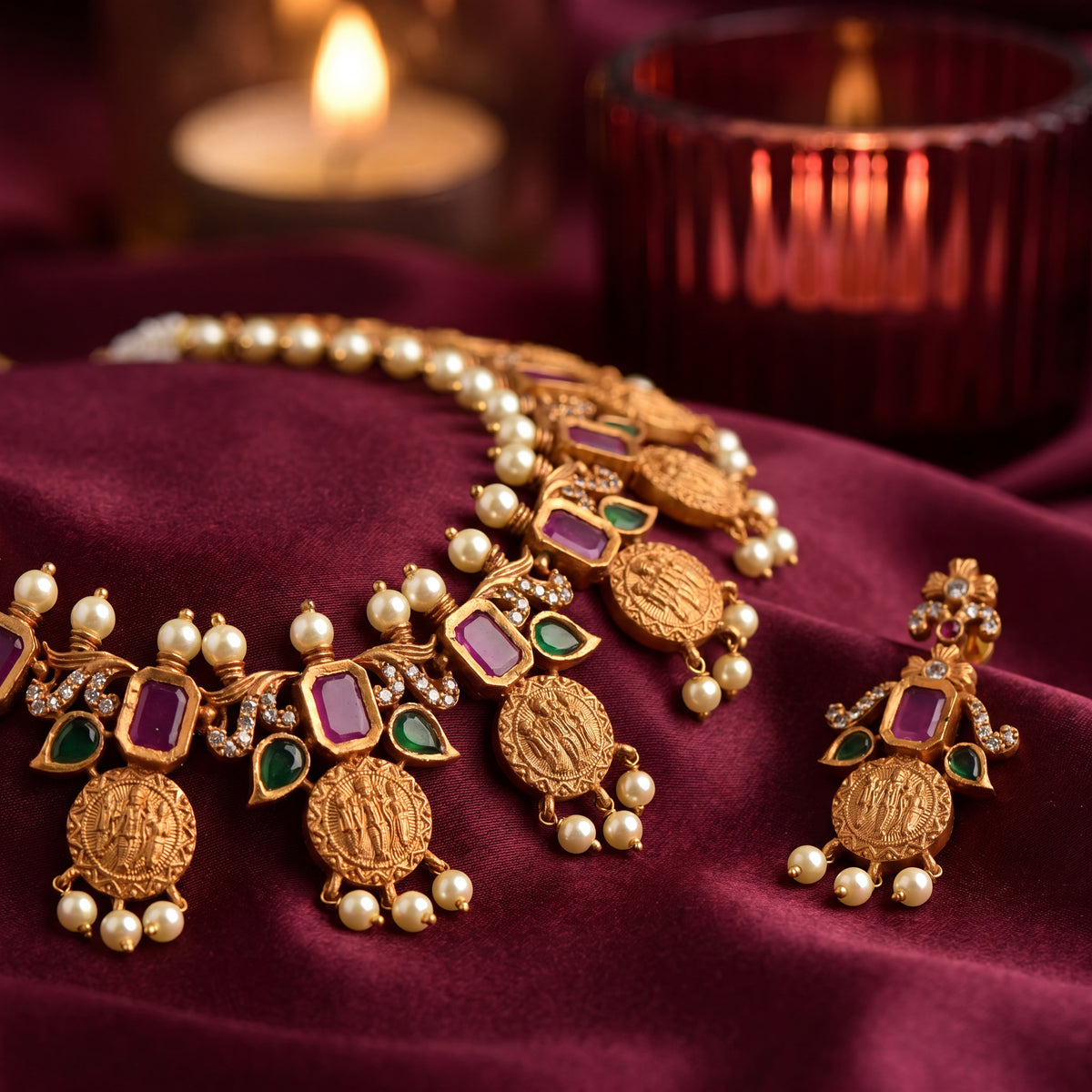 Ram Seetha Matte Gold Temple Necklace — Ruby-Red Stone — Avalna, Arcot Tamil Nadu