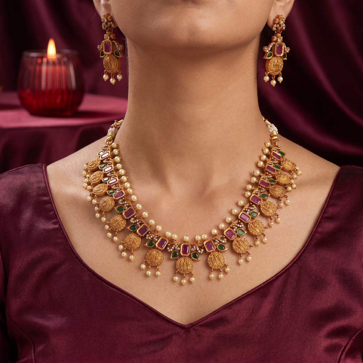 Ram Seetha Matte Gold Temple Necklace — Ruby-Red Stone close-up — Avalna, Arcot Tamil Nadu