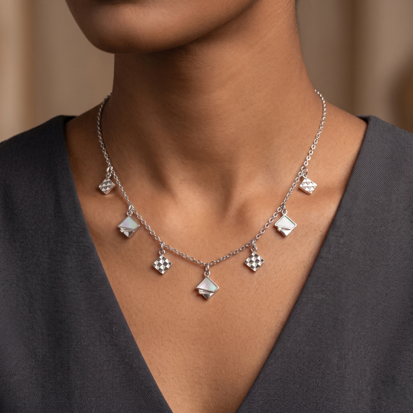 Rhodium Plated Geometric Charm Necklace