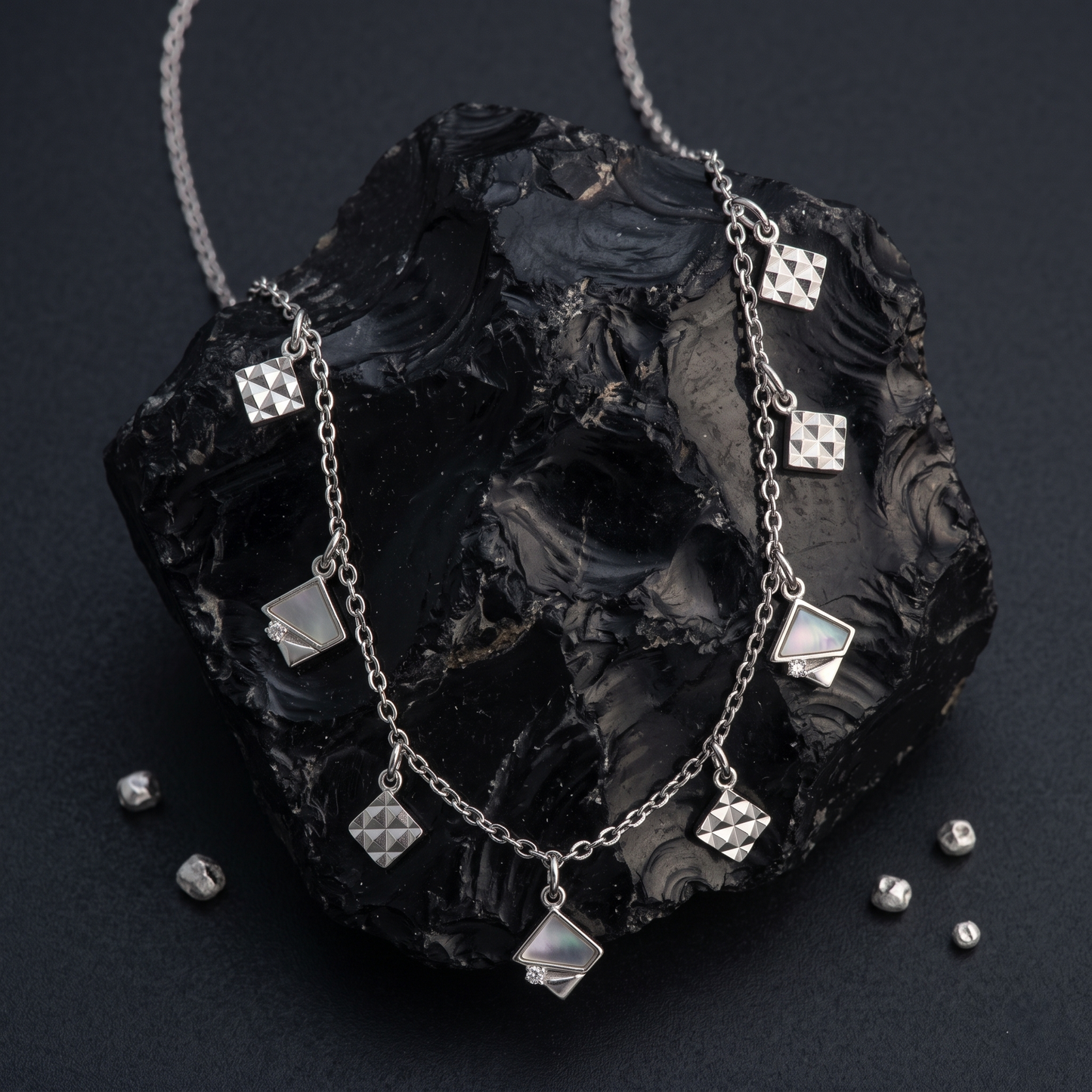 Rhodium Plated Geometric Charm Necklace