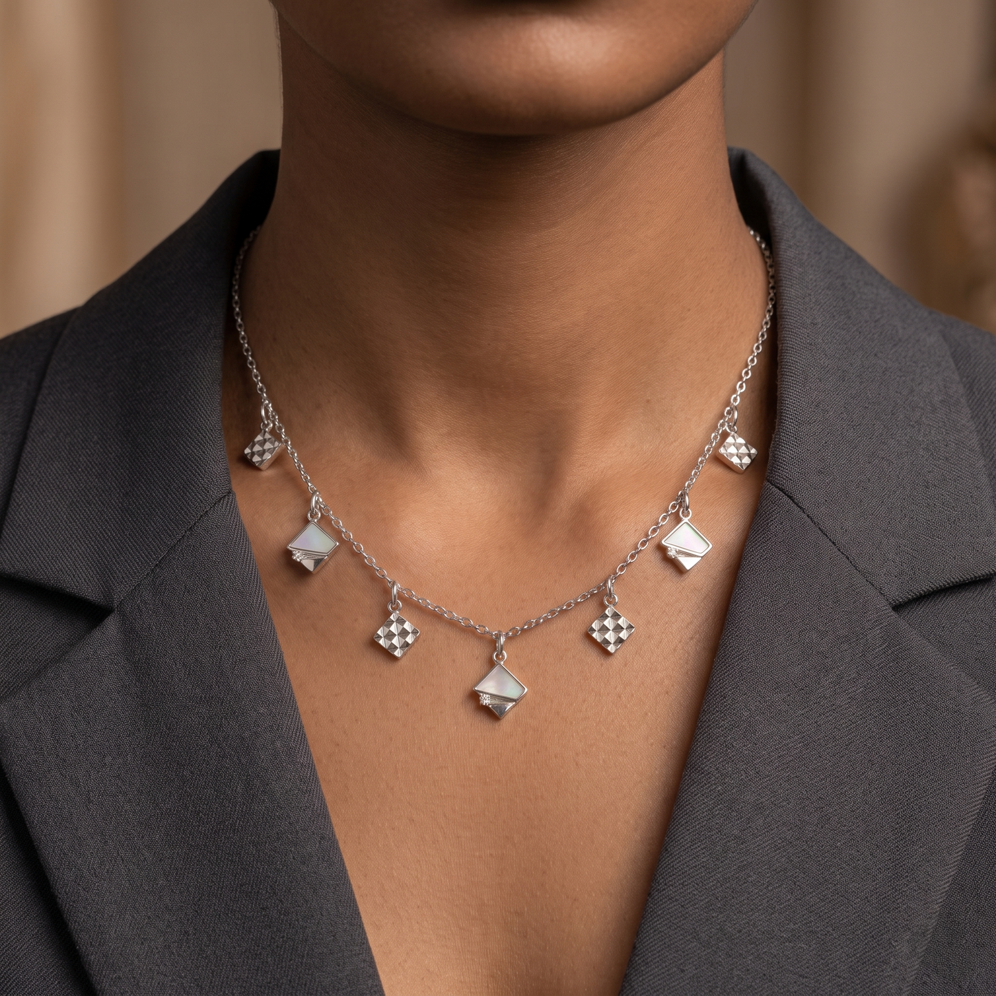 Rhodium Plated Geometric Charm Necklace