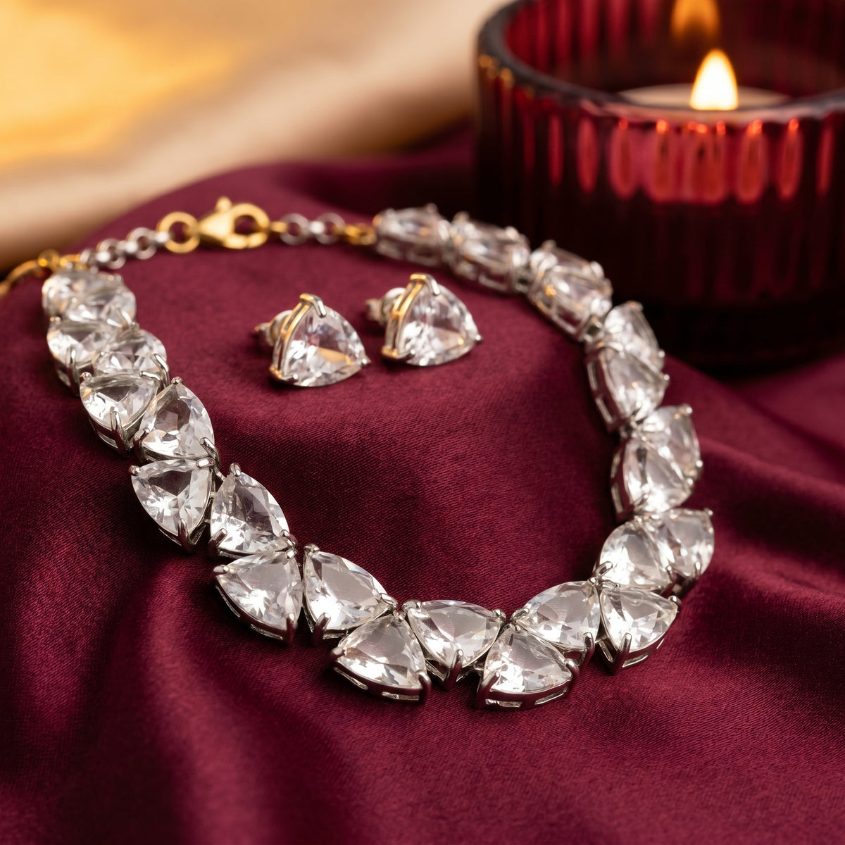 Rhodium Plated Glass Stone Necklace Set detail view — Avalna, Arcot Tamil Nadu