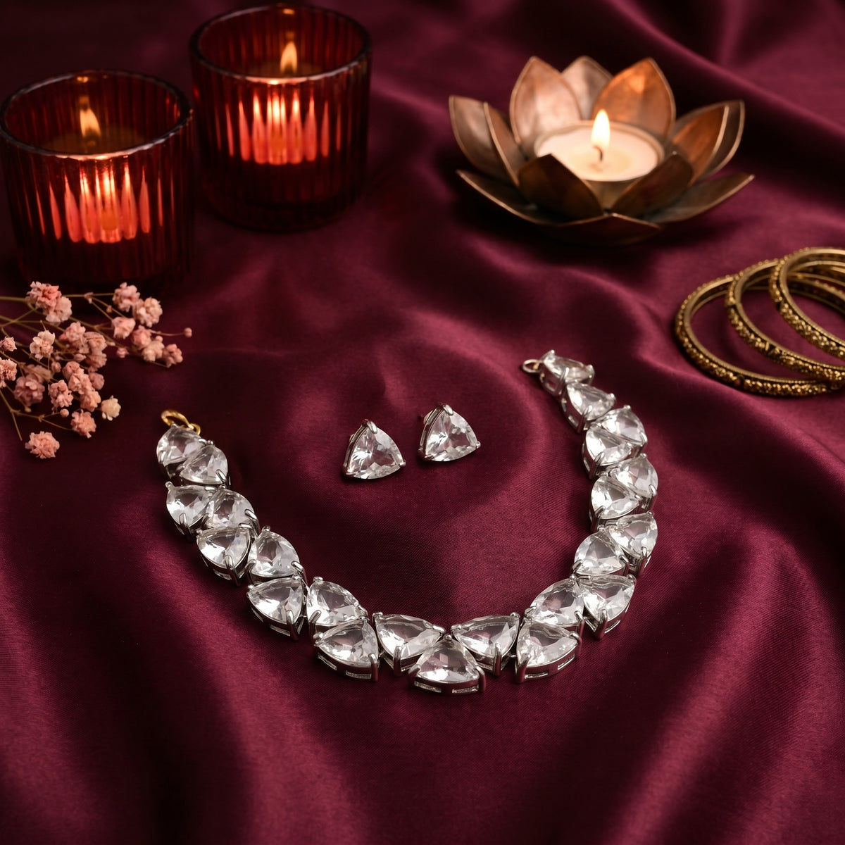 Rhodium Plated Glass Stone Necklace Set view 6 — Avalna, Arcot Tamil Nadu