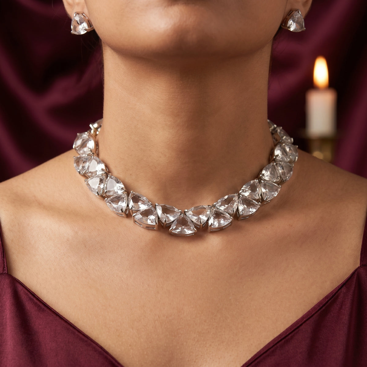 Rhodium Plated Glass Stone Necklace Set view 5 — Avalna, Arcot Tamil Nadu
