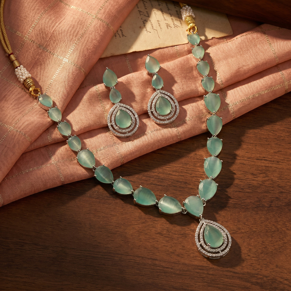 Rhodium Plated Mint Green Necklace Set close-up — Avalna, Arcot Tamil Nadu