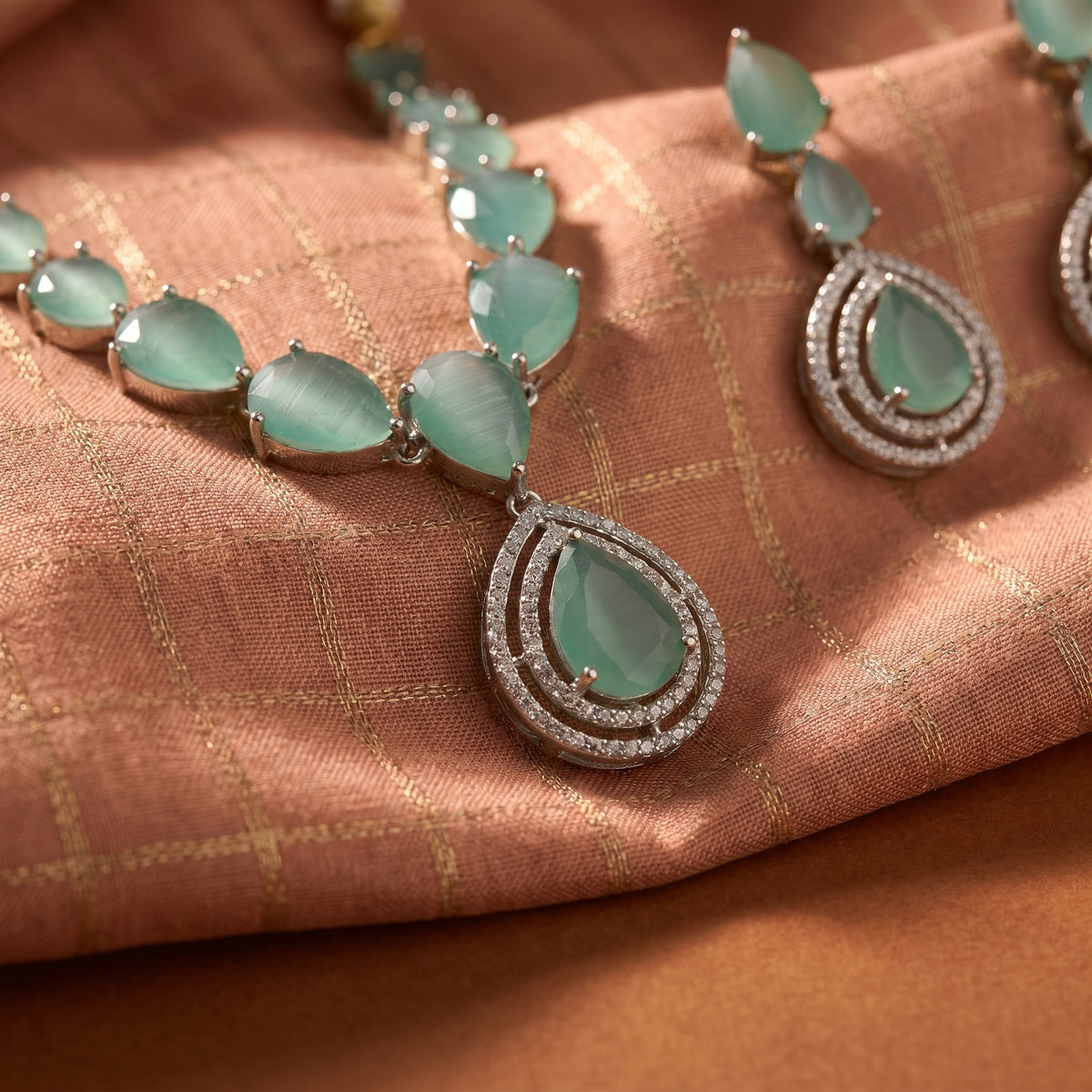 Rhodium Plated Mint Green Necklace Set — Avalna, Arcot Tamil Nadu