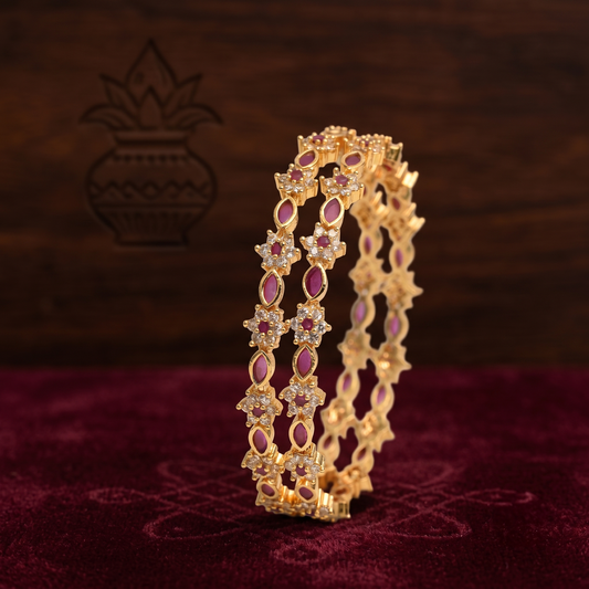 Ruby and White AD Floral Bangle - Avalna South Indian Bangles Online