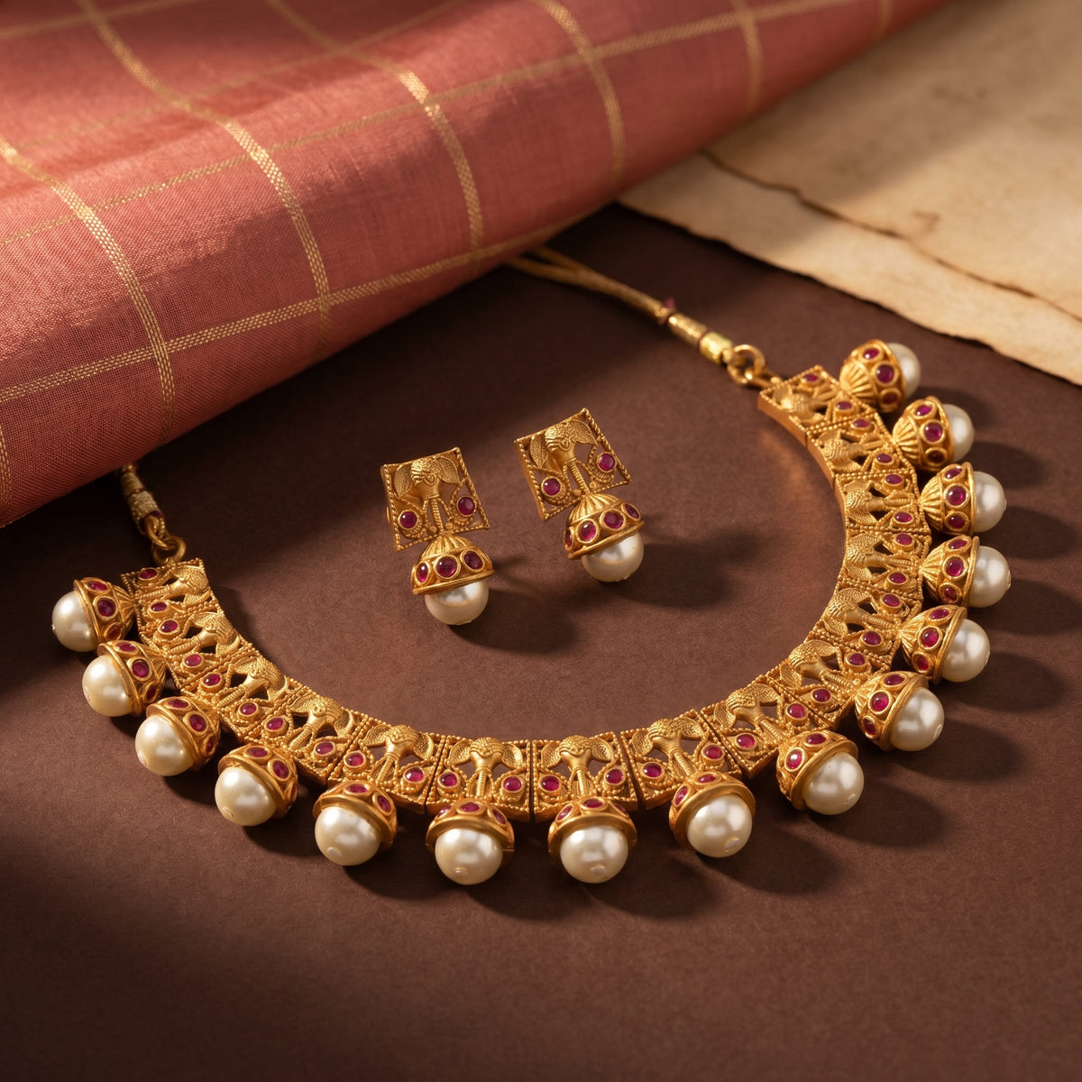 Ruby-Red Studded Matte Gold Jumka Necklace with Cradle Pearl-Look Drops — Avalna, Arcot Tamil Nadu