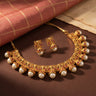 Ruby-Red Studded Matte Gold Jumka Necklace with Cradle Pearl-Look Drops