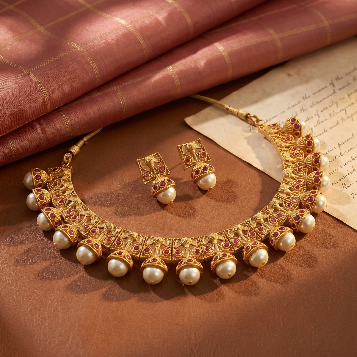 Ruby-Red Studded Matte Gold Jumka Necklace with Cradle Pearl-Look Drops close-up — Avalna, Arcot Tamil Nadu