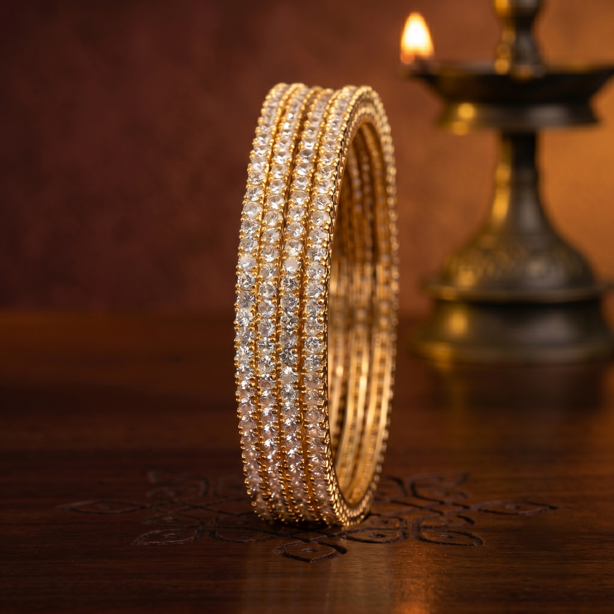 Set of 4 Gold Plated Single Line White AD Stone Bangles — Avalna, Arcot Tamil Nadu