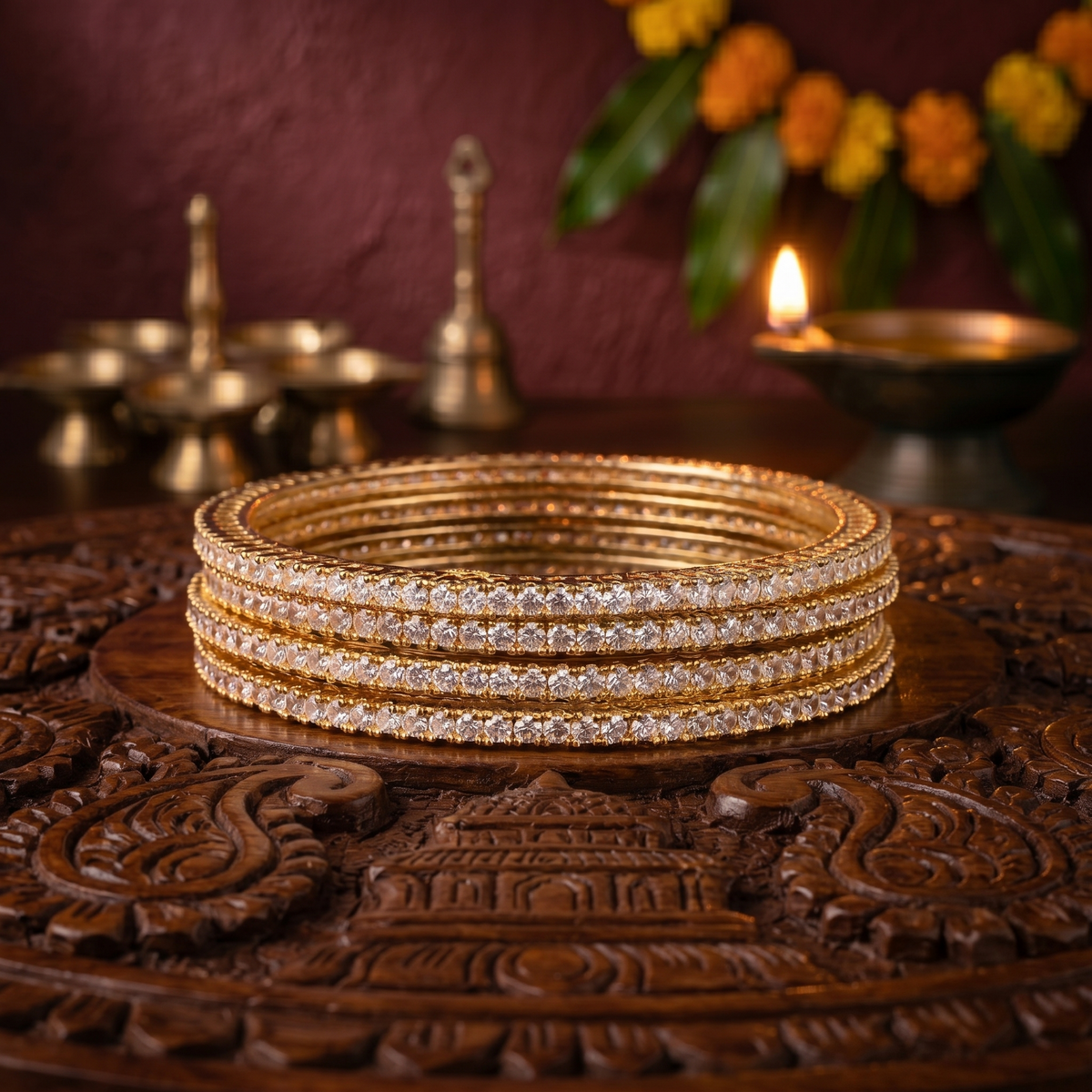 Set of 4 Gold Plated Single Line White AD Stone Bangles close-up — Avalna, Arcot Tamil Nadu