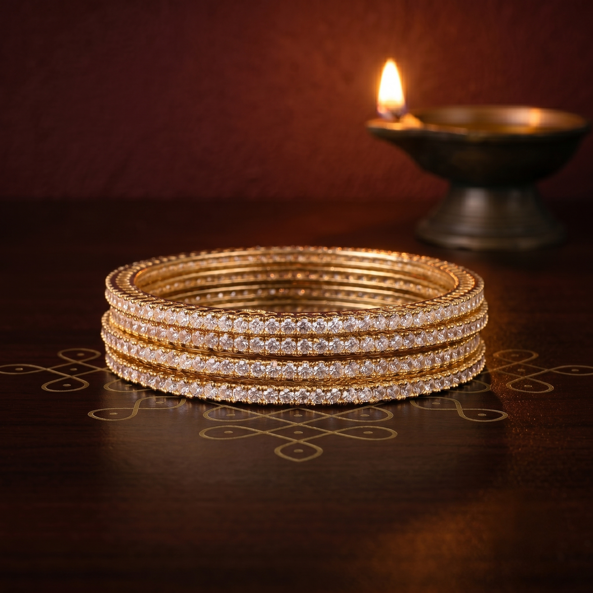 Set of 4 Gold Plated Single Line White AD Stone Bangles alternate angle — Avalna, Arcot Tamil Nadu