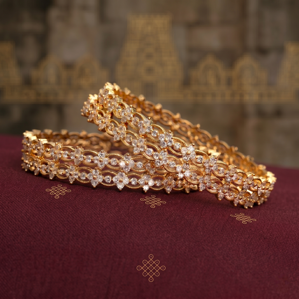 Set of 4 Gold Plated White AD Stone Bangles close-up — Avalna, Arcot Tamil Nadu