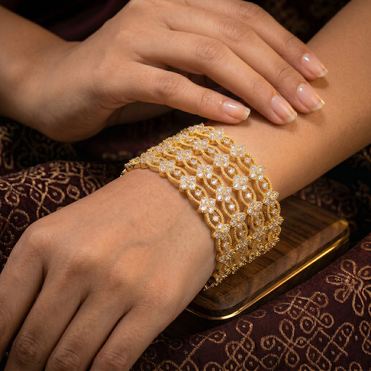 Set of 4 Gold Plated White AD Stone Bangles alternate angle — Avalna, Arcot Tamil Nadu