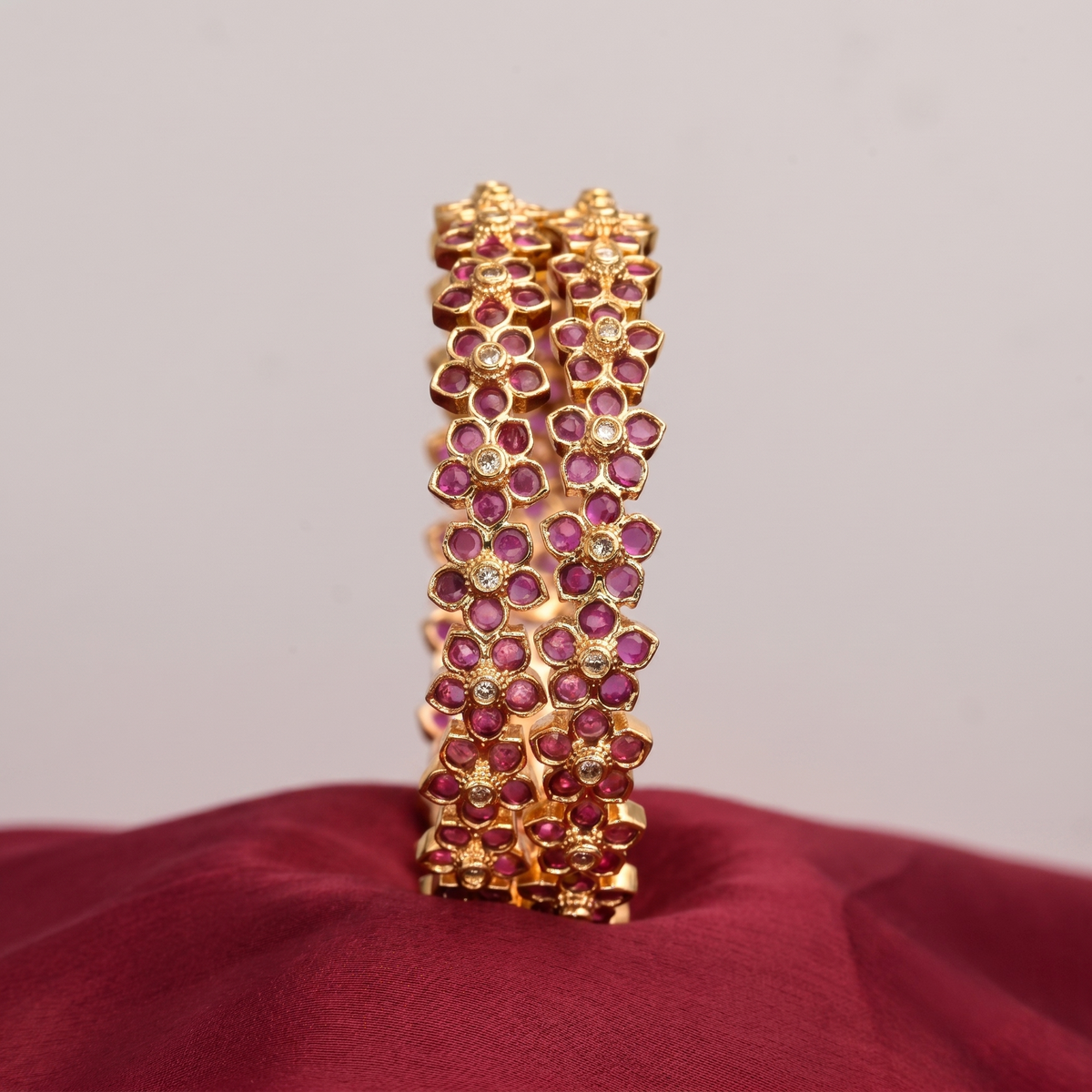 South Indian Floral Motif Ruby-Red Stone Bangles close-up — Avalna, Arcot Tamil Nadu